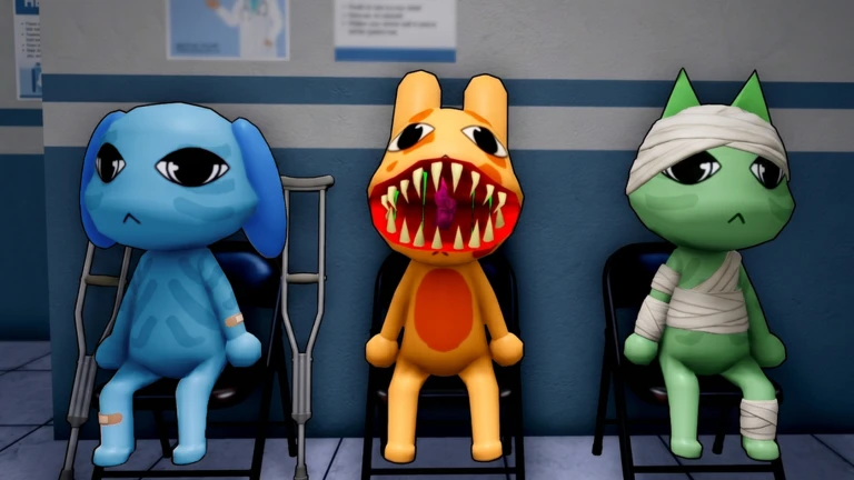 Animal Hospital Roblox official screenshot showing seated animal patients and an anomaly face