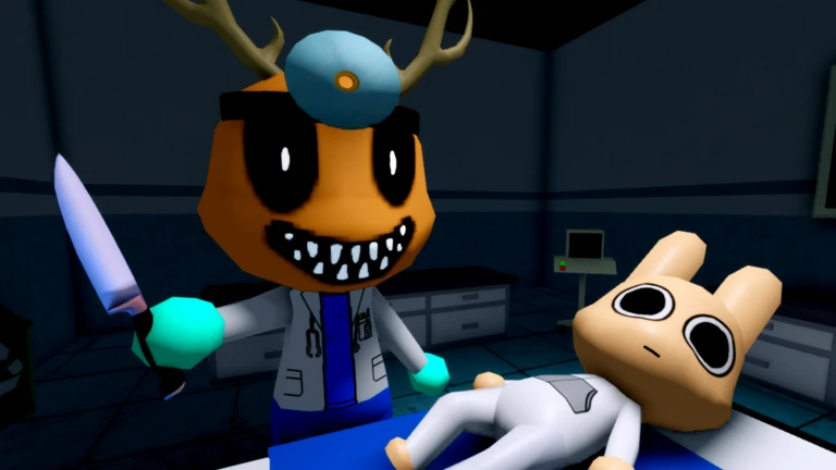 Animal Hospital Roblox official screenshot showing a threatening doctor anomaly near a patient